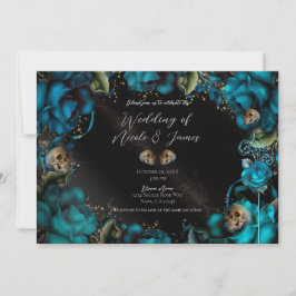 Invitación Rosas Turquesa Verde Teal Calaveras Boda Gótica