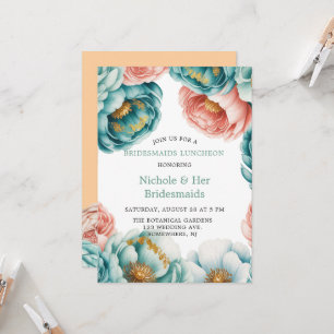 Invitación Rosas turquesa y caribeña damas de honor almuerzo