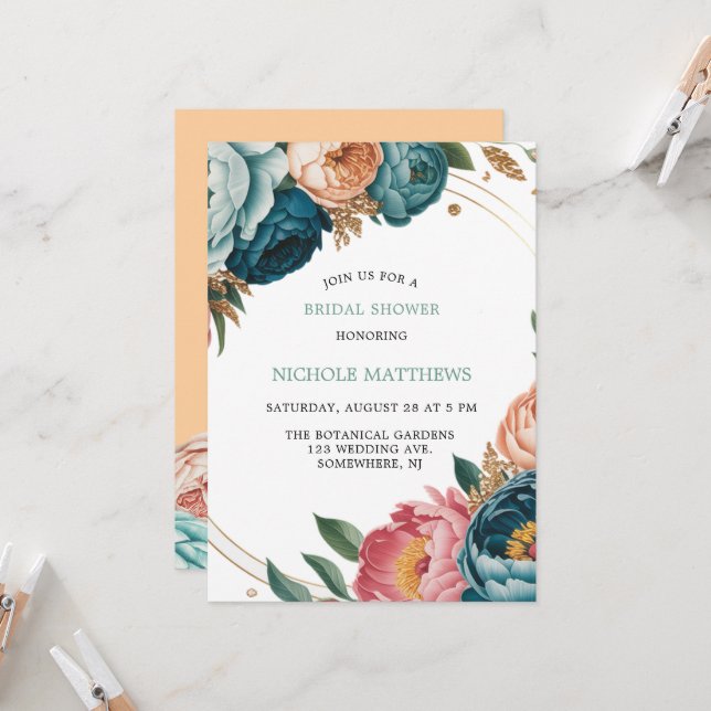 Invitación Rosas turquesa y caribeña ducha de novias (Anverso/Reverso In Situ)