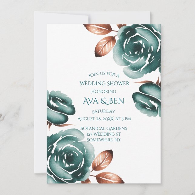 Invitación Rosas Turquesa y Hojas de Cobre Boda Duchas (Anverso)