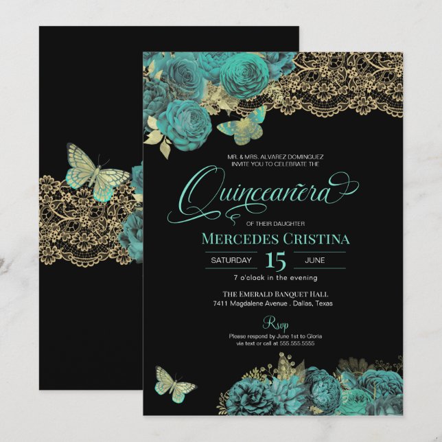 Invitación Rosas turquesa y mariposa de encaje Quinceañera (Anverso / Reverso)