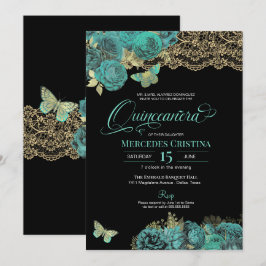 Invitación Rosas turquesa y mariposa de encaje Quinceañera