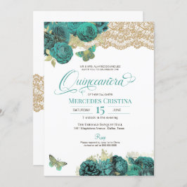 Invitación Rosas turquesa y mariposa de encaje Quinceañera In