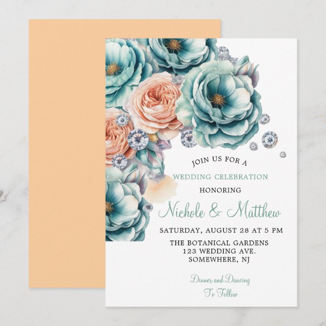 Invitación Rosas turquesa y melocotón Boda de diamantes (Anverso / Reverso)