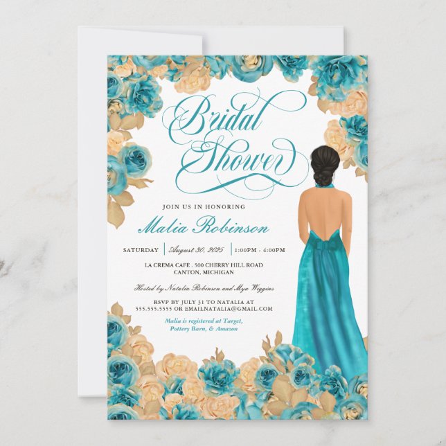 Invitación Rosas verde azulados azules y dorados elegante duc (Anverso)