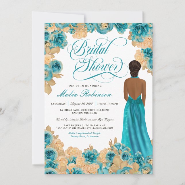 Invitación Rosas verde azulados azules y dorados elegante duc (Anverso)