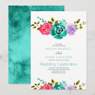 Invitación Rosas verde azulados de color púrpura rojo Boda fl