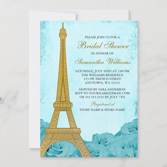 Invitación Rosas Verde azulados de la Torre Eiffel de Oro de  (Anverso)