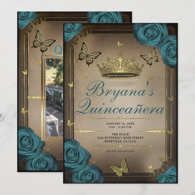 Invitación Rosas Verde azulados de las mariposas Gold Tiara Q (Anverso / Reverso)