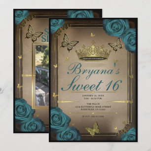 Invitación Rosas Verde azulados de las mariposas tiara de oro