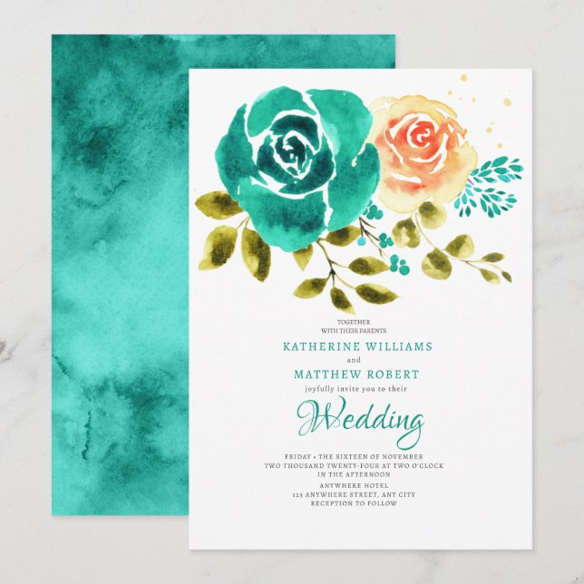 Invitación Rosas verde azulados  Floral Boda (Anverso / Reverso)