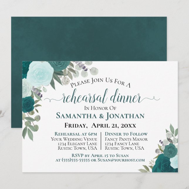 Invitación Rosas Verde azulados ruidosos Bodas de flores Ensa (Anverso / Reverso)