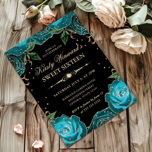 Invitación Rosas verde azulados y de oro Dulce Floral Diecisé (Subido por el creador)