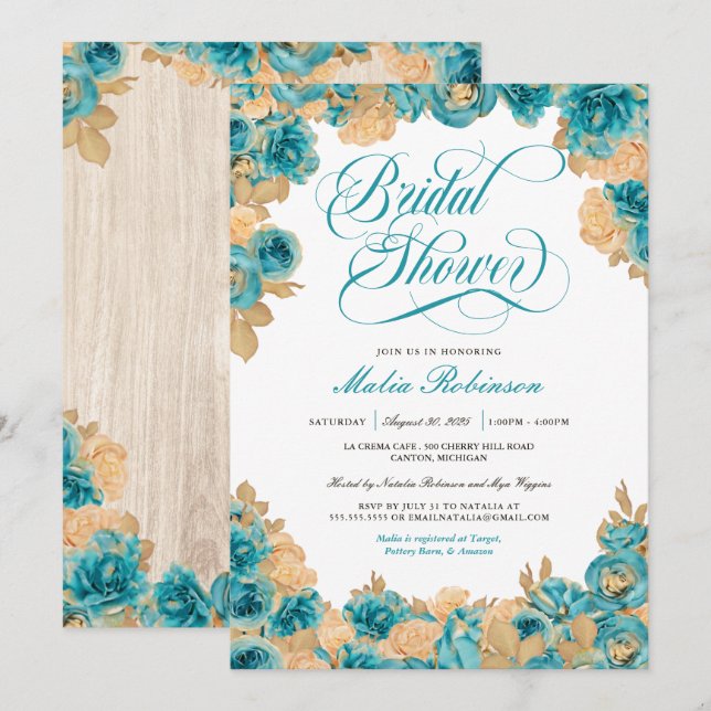 Invitación Rosas verde azulados y de oro elegante ducha de no (Anverso / Reverso)