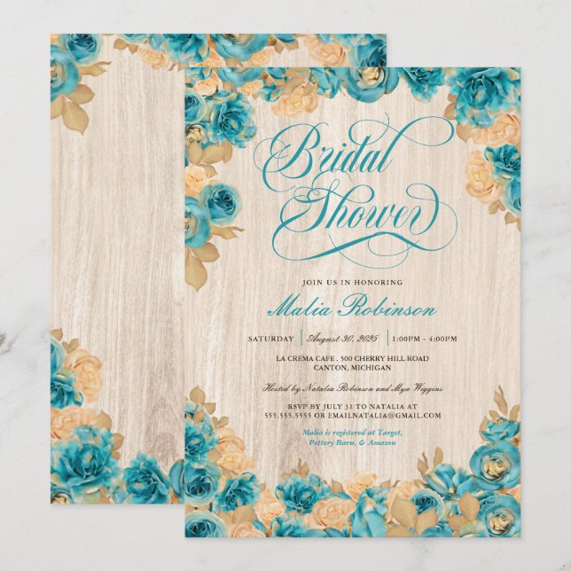 Invitación Rosas verde azulados y de oro elegante ducha de no (Anverso / Reverso)