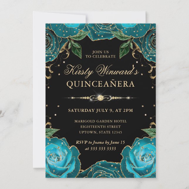Invitación Rosas verde azulados y de oro Floral Quinceanera (Anverso)