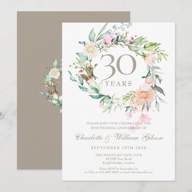 Invitación Rosas Verde Folclore 30 Aniversario de Bodas de Pe (Anverso / Reverso)