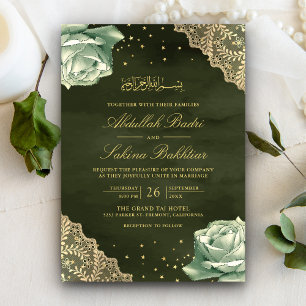 Invitación Rosas Verde Salvia Encaje Dorado Código QR Boda Mu