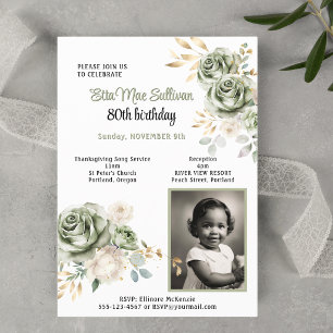 Invitación Rosas verde salvia hojas doradas 80 cumpleaños Fot