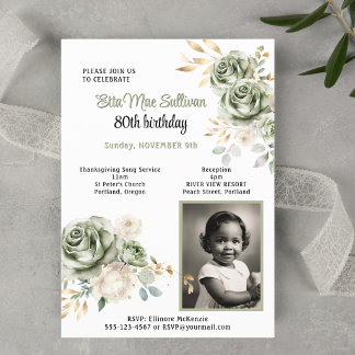 Invitación Rosas verde salvia hojas doradas 80 cumpleaños Fot