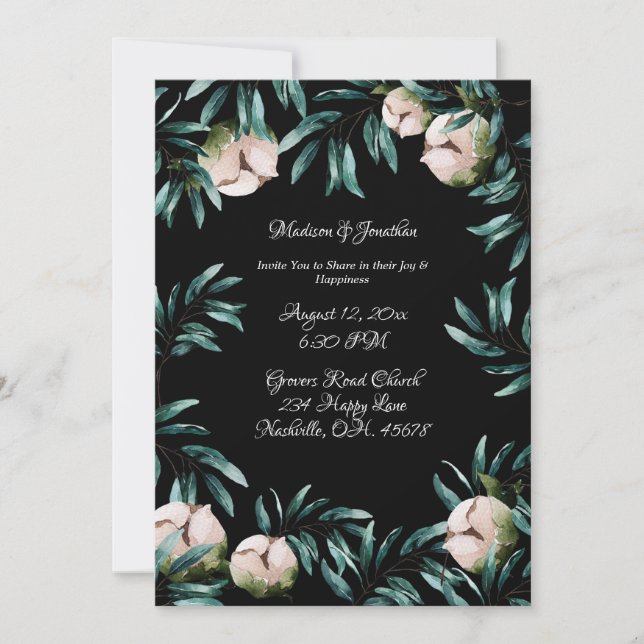 Invitación Rosas verdes Antecedentes negros Boda elegante (Anverso)