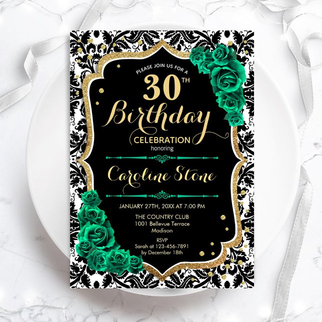 Invitación Rosas verdes Damasco negro de oro 30 cumpleaños (Subido por el creador)