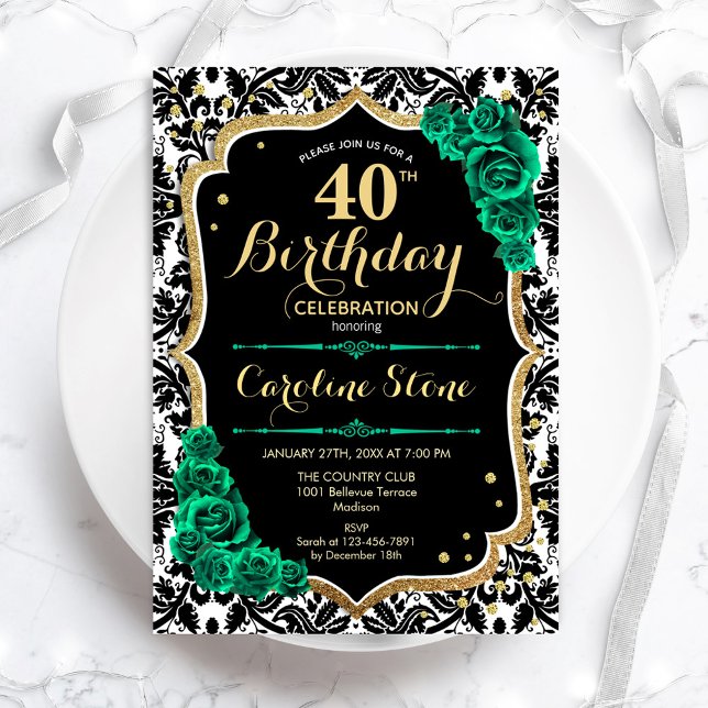 Invitación Rosas verdes Damasco negro de oro 40 cumpleaños (Subido por el creador)