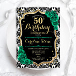 Invitación Rosas verdes Damasco negro de oro 50 cumpleaños<br><div class="desc">40.ª Invitación a la fiesta de cumpleaños. Elegante diseño verde esmeralda floral con rosas y oro purpurina. Presenta un patrón de damasco blanco y negro y fuente de guión. Perfecto para una elegante celebración del cumpleaños de las mujeres. ¡Se puede personalizar para cualquier edad! Invitaciones Zazzle impresas o una plantilla...</div>