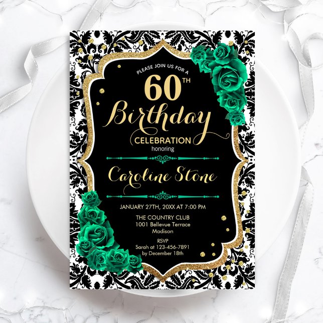 Invitación Rosas verdes Damasco negro de oro 60 cumpleaños (Subido por el creador)