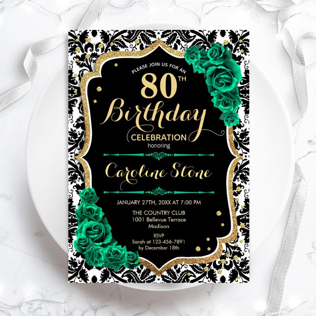 Invitación Rosas verdes Damasco negro de oro 80 cumpleaños (Subido por el creador)