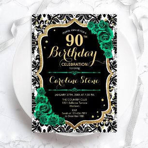 Invitación Rosas verdes Damasco negro de oro 90 cumpleaños