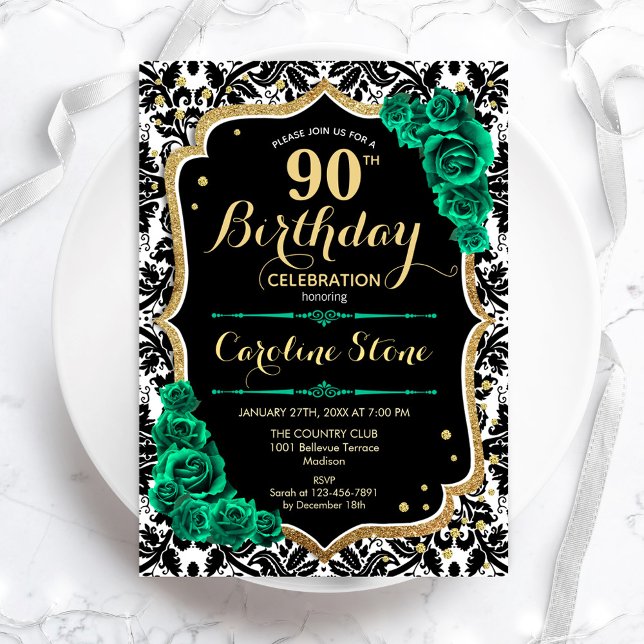 Invitación Rosas verdes Damasco negro de oro 90 cumpleaños (Subido por el creador)