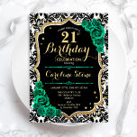 Invitación Rosas verdes Damasco negro de oro cumpleaños 21<br><div class="desc">Invitación a la fiesta de cumpleaños número 21. Elegante diseño verde esmeralda floral con rosas y oro purpurina. Presenta un patrón de damasco blanco y negro y fuente de guión. Perfecto para una elegante celebración del cumpleaños de las mujeres. ¡Se puede personalizar para cualquier edad! Invitaciones Zazzle impresas o una...</div>