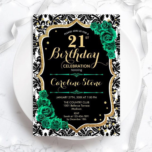 Invitación Rosas verdes Damasco negro de oro cumpleaños 21 (Subido por el creador)