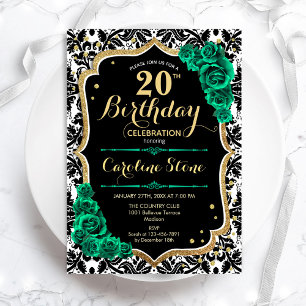Invitación Rosas verdes de Black Damask Gold 20 cumpleaños