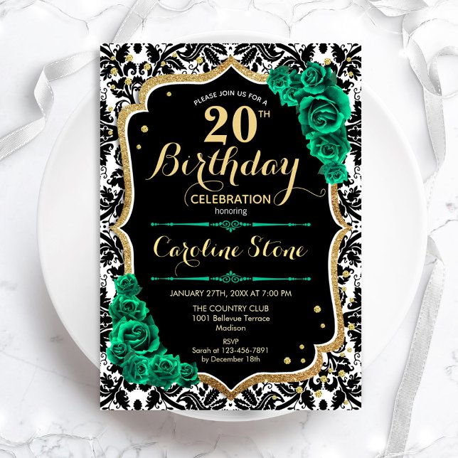 Invitación Rosas verdes de Black Damask Gold 20 cumpleaños (Subido por el creador)