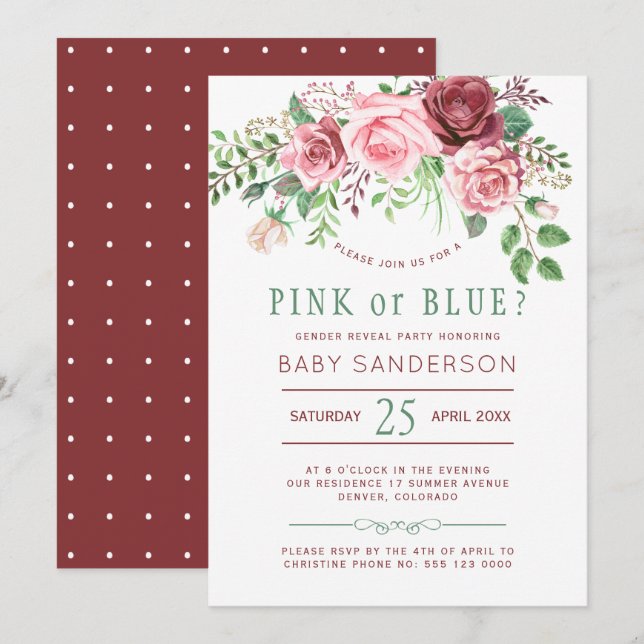 Invitación Rosas verdes de Borgoña Fiesta de revelación de gé (Anverso / Reverso)