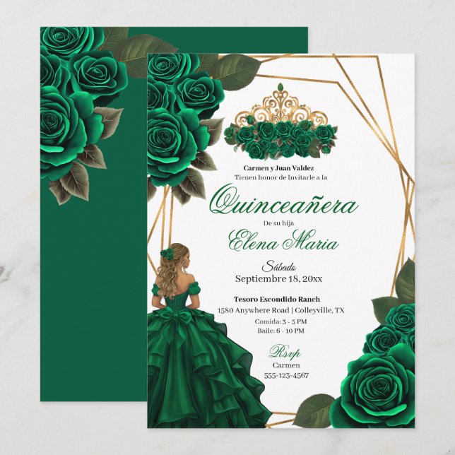 Invitación Rosas verdes de Esmeralda Quinceañera (Anverso / Reverso)