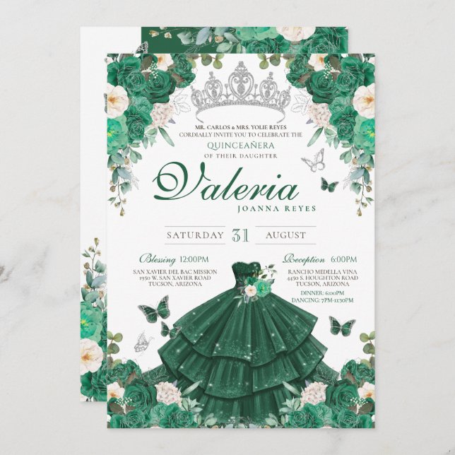 Invitación Rosas verdes de esmeralda y mariposa de plata Quin (Anverso / Reverso)