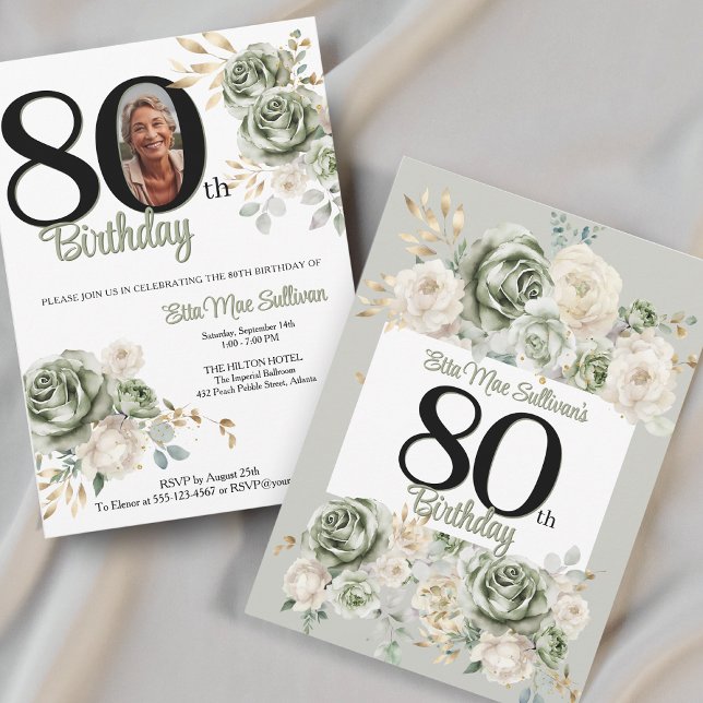 Invitación Rosas verdes de Ivory Sage Floral 80 cumpleaños Fo (Subido por el creador)