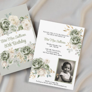 Invitación Rosas verdes de Ivory Sage Floral 80 cumpleaños Fo