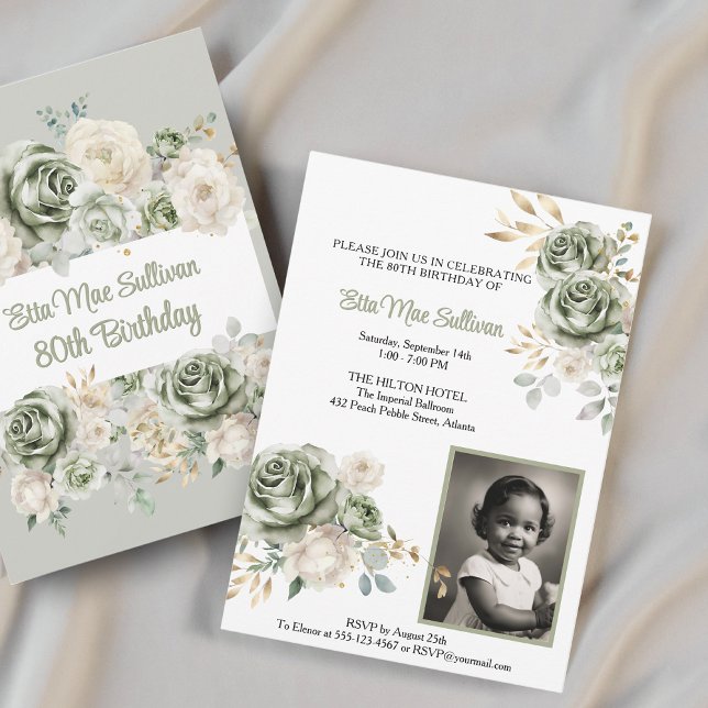 Invitación Rosas verdes de Ivory Sage Floral 80 cumpleaños Fo (Subido por el creador)