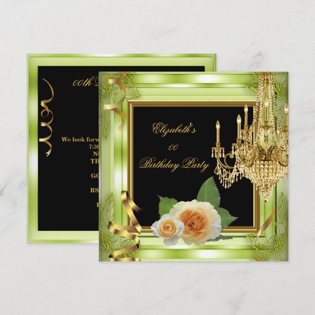 Invitación Rosas verdes doradas de cumpleaños añaden edad ele (Anverso / Reverso)