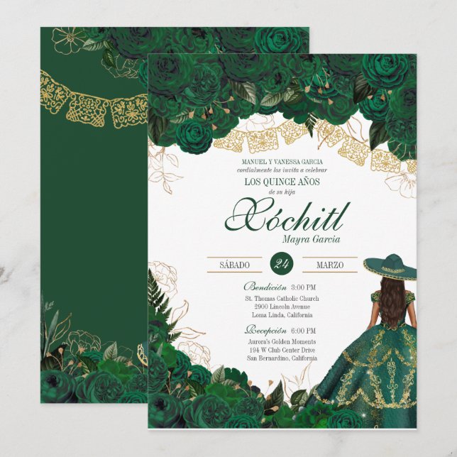 Invitación Rosas Verdes Elegante Charro Esmeralda Quinceanera (Anverso / Reverso)
