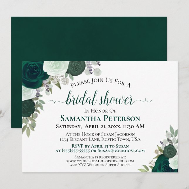 Invitación Rosas verdes esmeraldas elegante ducha de novia (Anverso / Reverso)