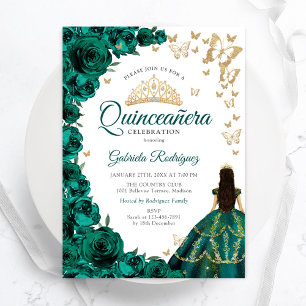 Invitación Rosas verdes esmeraldas Floral Oro blanco Quincean