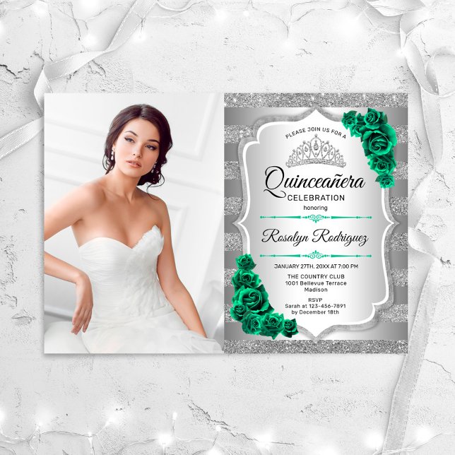 Invitación Rosas verdes esmeraldas foto plateada Quinceanera (Subido por el creador)