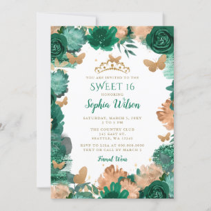 Invitación Rosas verdes esmeraldas mariposas de oro dulce 16