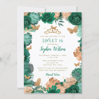 Invitación Rosas verdes esmeraldas mariposas de oro dulce 16