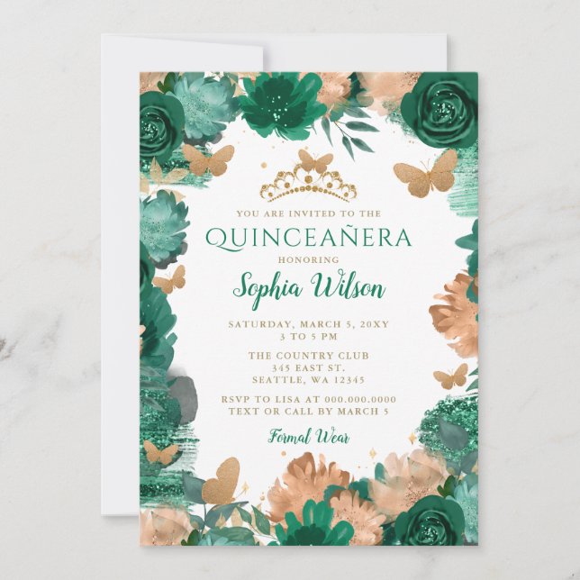 Invitación Rosas verdes esmeraldas Mariposas de oro Quinceañe (Anverso)